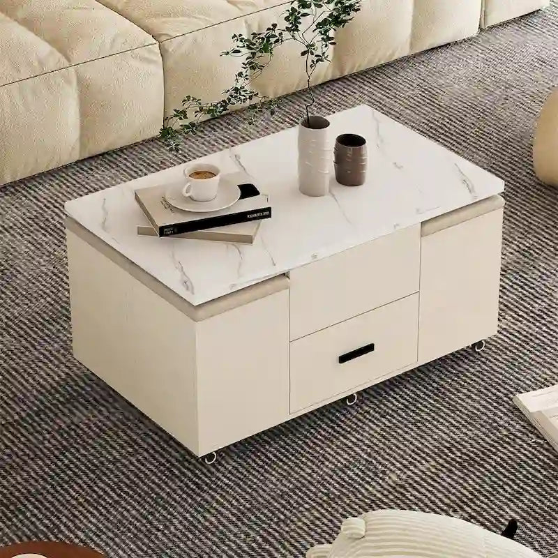 Tavolino da caffè moderno sollevabile con 4 sgabelli e 2 cassetti