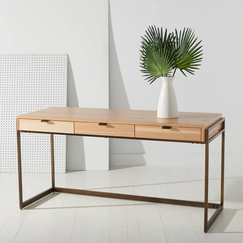 Scrivania a 3 cassetti in eucalipto affumicato con struttura in acciaio bronzato