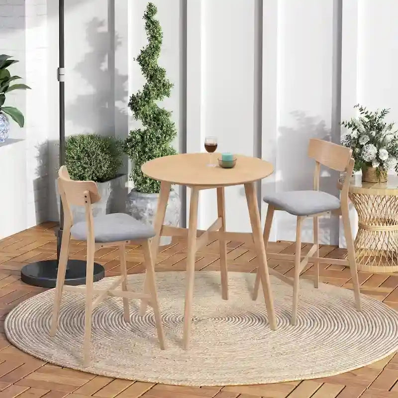 Set da pranzo moderno di 3 pezzi con tavolo rotondo in legno e 2 sgabelli da bar imbottiti in legno massiccio per sala da pranzo, bar e soggiorno