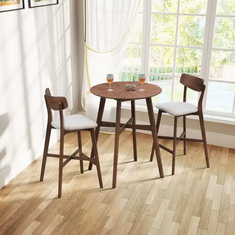 Set da pranzo moderno di 3 pezzi con tavolo rotondo in legno e 2 sgabelli da bar imbottiti in legno massiccio per sala da pranzo, bar e soggiorno