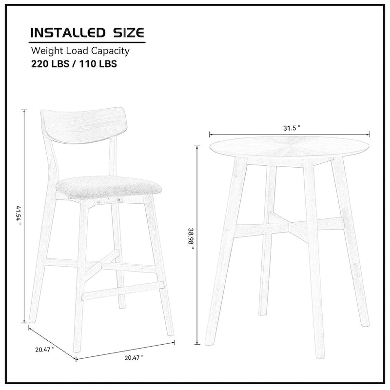 Set da pranzo moderno di 3 pezzi con tavolo rotondo in legno e 2 sgabelli da bar imbottiti in legno massiccio per sala da pranzo, bar e soggiorno