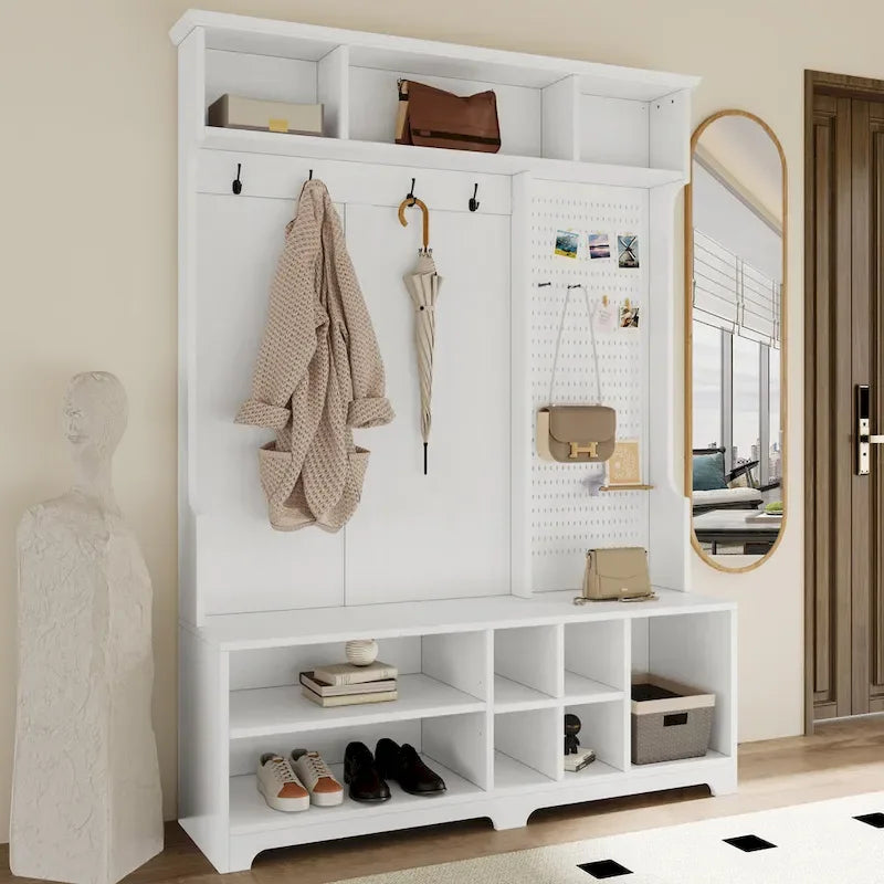Appendiabiti Moderno con Scarpiera, Mobile Porta Scarpe, Ripiani e Pannello Forato, per Ingresso e Corridoio, Soggiorno