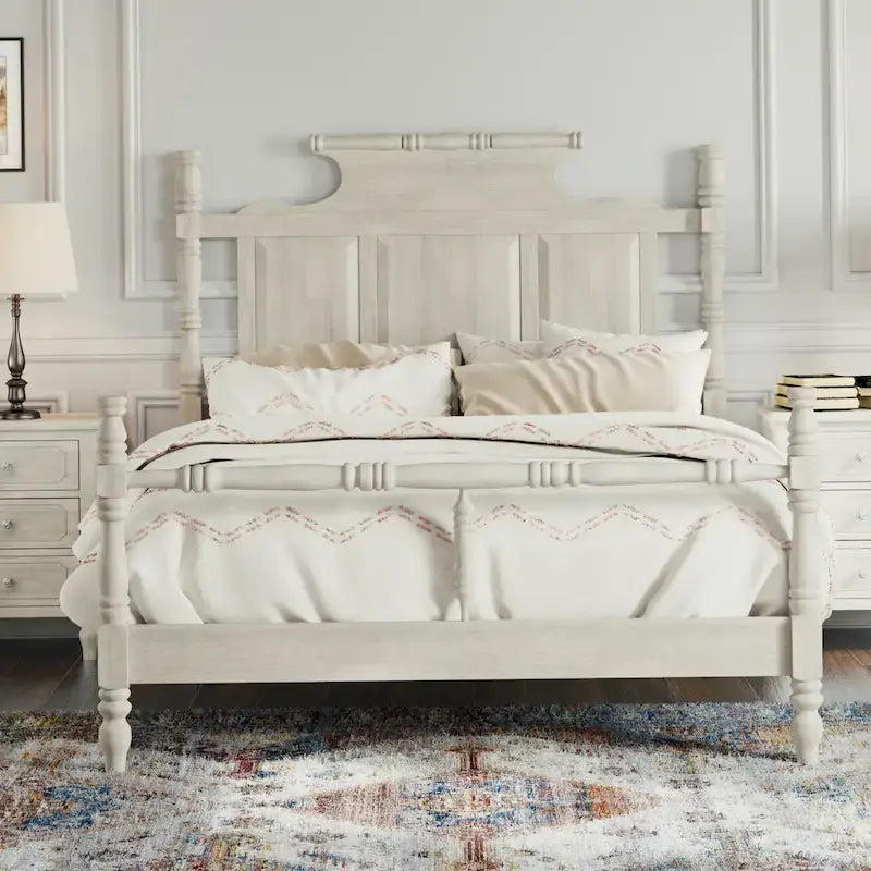 Vintage Country Style Wood Queen Size Four Poster Platform Bed with 56.9 High Crown-like Headboard, No Box Spring Needed