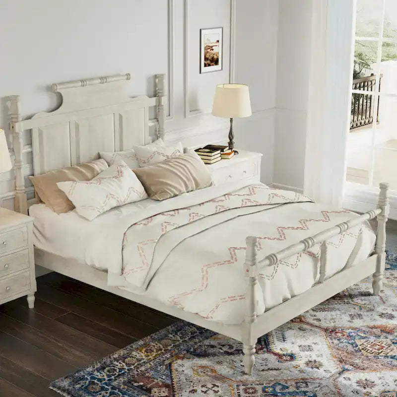 Letto a piattaforma Queen Size in legno, stile country vintage, a baldacchino, con testiera alta 56,9 pollici a forma di corona, non richiede la rete a molle