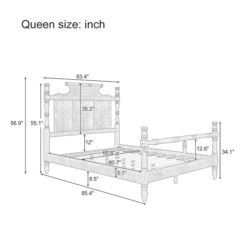 Letto a piattaforma Queen Size in legno, stile country vintage, a baldacchino, con testiera alta 56,9 pollici a forma di corona, non richiede la rete a molle