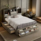 Letto a piattaforma Queen Size con testiera contenitore e 8 cassetti, Grigio