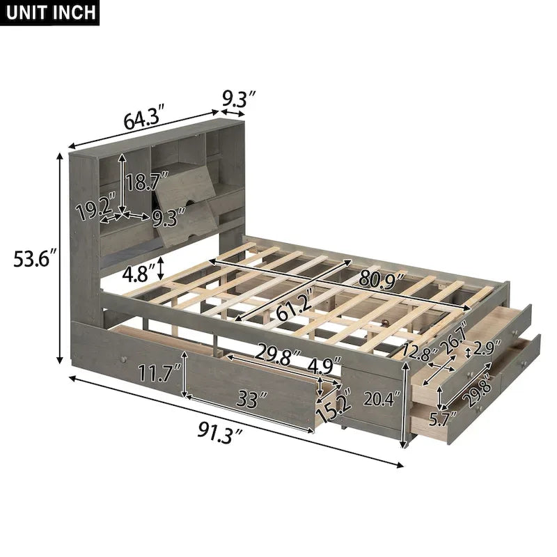 Letto a piattaforma Queen Size con testiera contenitore e 8 cassetti, Grigio