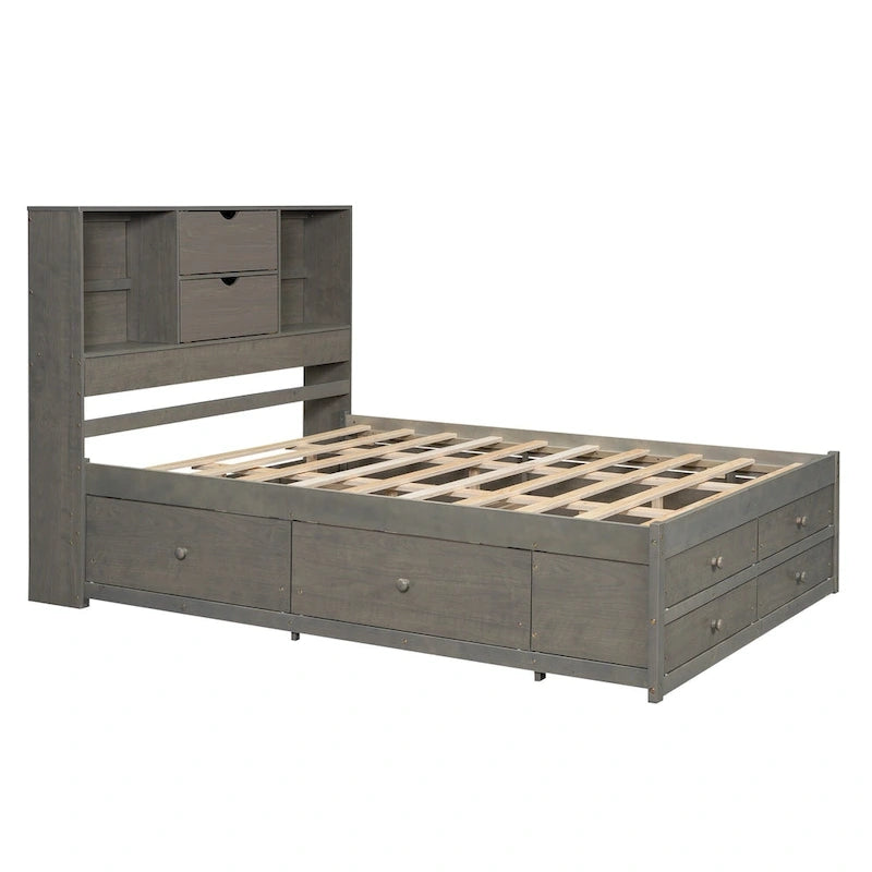 Letto a piattaforma Queen Size con testiera contenitore e 8 cassetti, Grigio