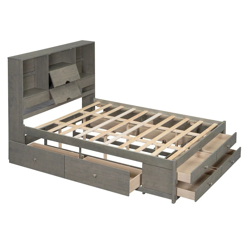 Letto a piattaforma Queen Size con testiera contenitore e 8 cassetti, Grigio