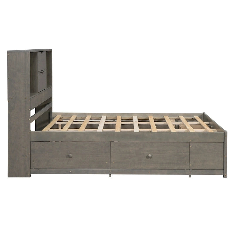 Letto a piattaforma Queen Size con testiera contenitore e 8 cassetti, Grigio