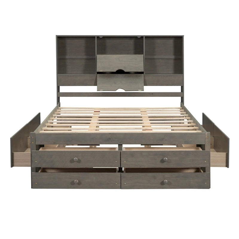 Letto a piattaforma Queen Size con testiera contenitore e 8 cassetti, Grigio