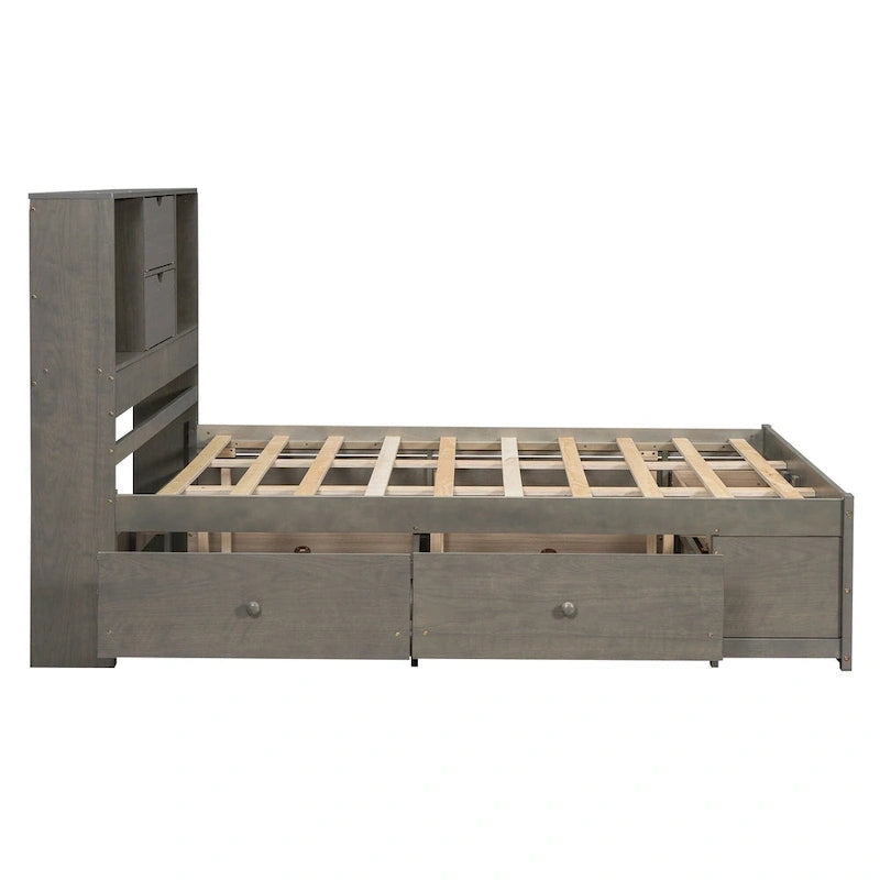 Letto a piattaforma Queen Size con testiera contenitore e 8 cassetti, Grigio