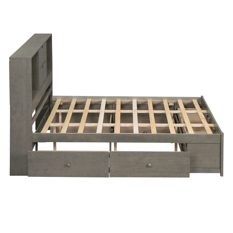 Letto a piattaforma Queen Size con testiera contenitore e 8 cassetti, Grigio