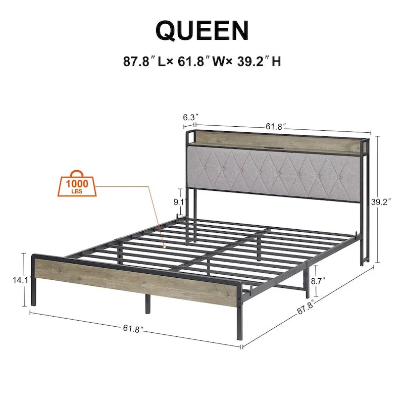 Letto matrimoniale grigio con stazione di ricarica