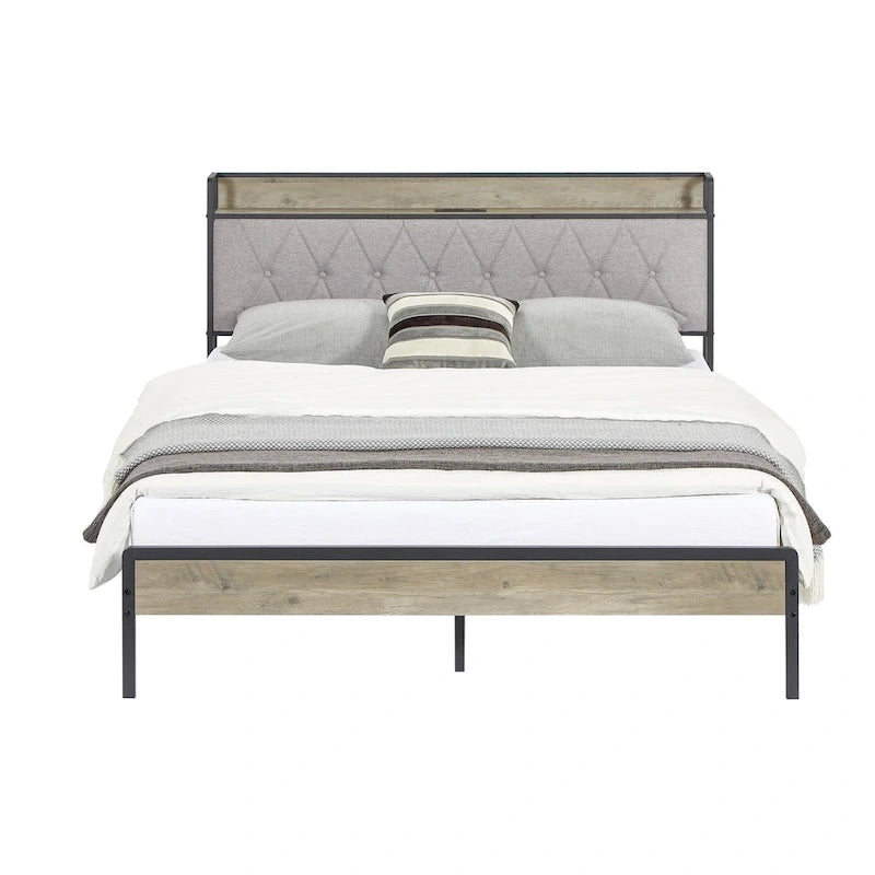 Letto matrimoniale grigio con stazione di ricarica