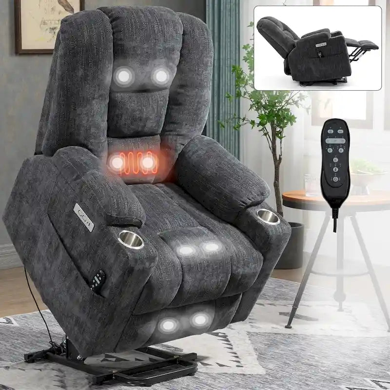 Poltrona reclinabile elettrica spaziosa grigia con massaggio, calore, due porte USB, ricarica tipo C e portabicchieri