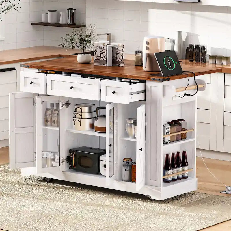 Isola per Cucina su Ruote Bloccabili con Anta a Ribalta, Tavolo a Isola Mobile con 2 Ante in Vetro Temperato, Presa di Corrente e 5 Ripiani Aperti