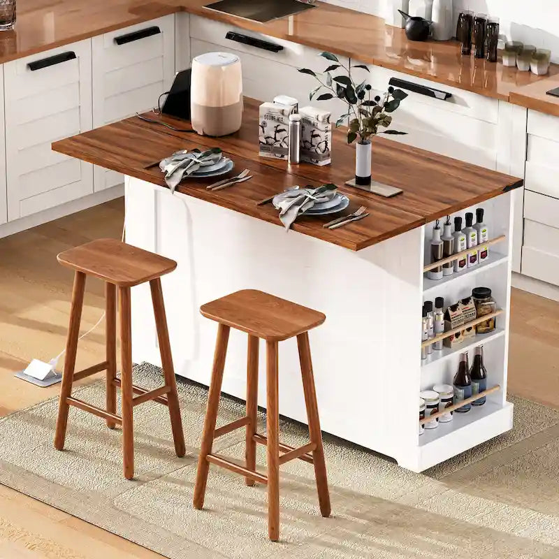 Isola per Cucina su Ruote Bloccabili con Anta a Ribalta, Tavolo a Isola Mobile con 2 Ante in Vetro Temperato, Presa di Corrente e 5 Ripiani Aperti