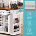Isola per Cucina su Ruote Bloccabili con Anta a Ribalta, Tavolo a Isola Mobile con 2 Ante in Vetro Temperato, Presa di Corrente e 5 Ripiani Aperti