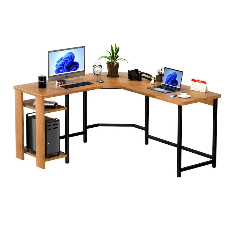 Scrivania moderna per PC da gaming a L con struttura in legno e nera per studio in ufficio domestico