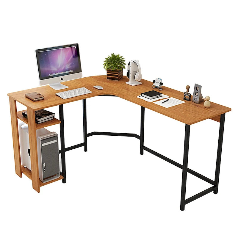 Scrivania moderna per PC da gaming a L con struttura in legno e nera per studio in ufficio domestico
