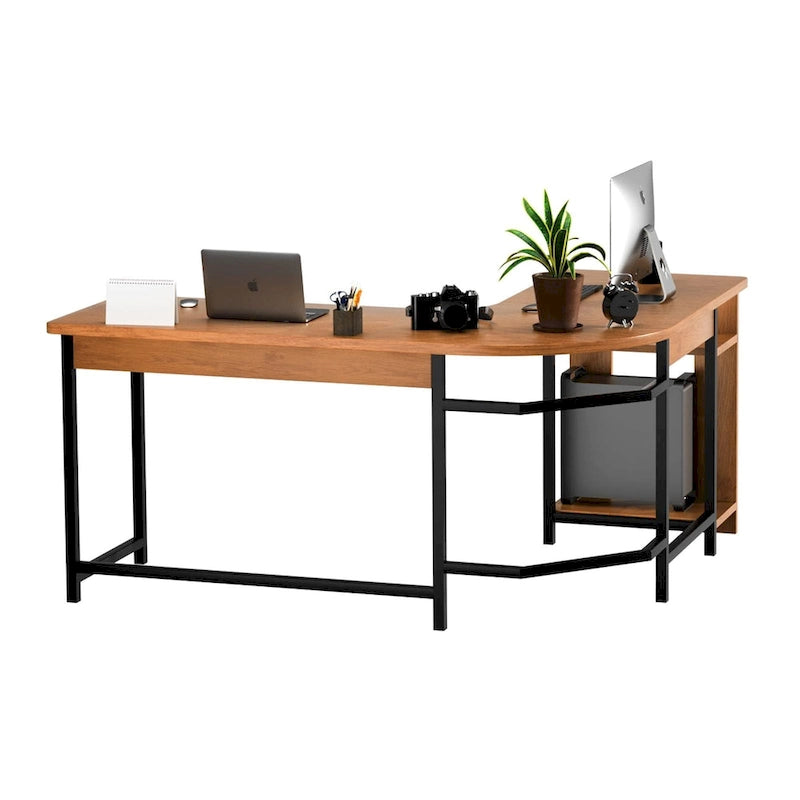 Scrivania moderna per PC da gaming a L con struttura in legno e nera per studio in ufficio domestico