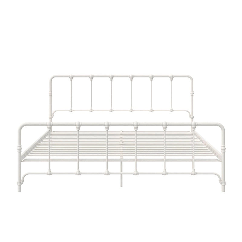 Letto in metallo stile rustico con testiera ricurva e dettagli a pinnacolo vintage