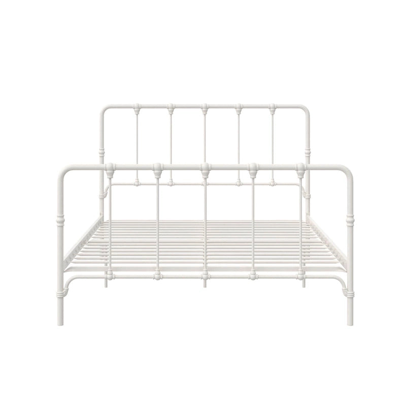 Letto in metallo stile rustico con testiera ricurva e dettagli a pinnacolo vintage