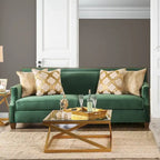 Divano imbottito in tessuto verde di transizione con borchie decorative
