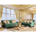 Divano imbottito in tessuto verde di transizione con borchie decorative