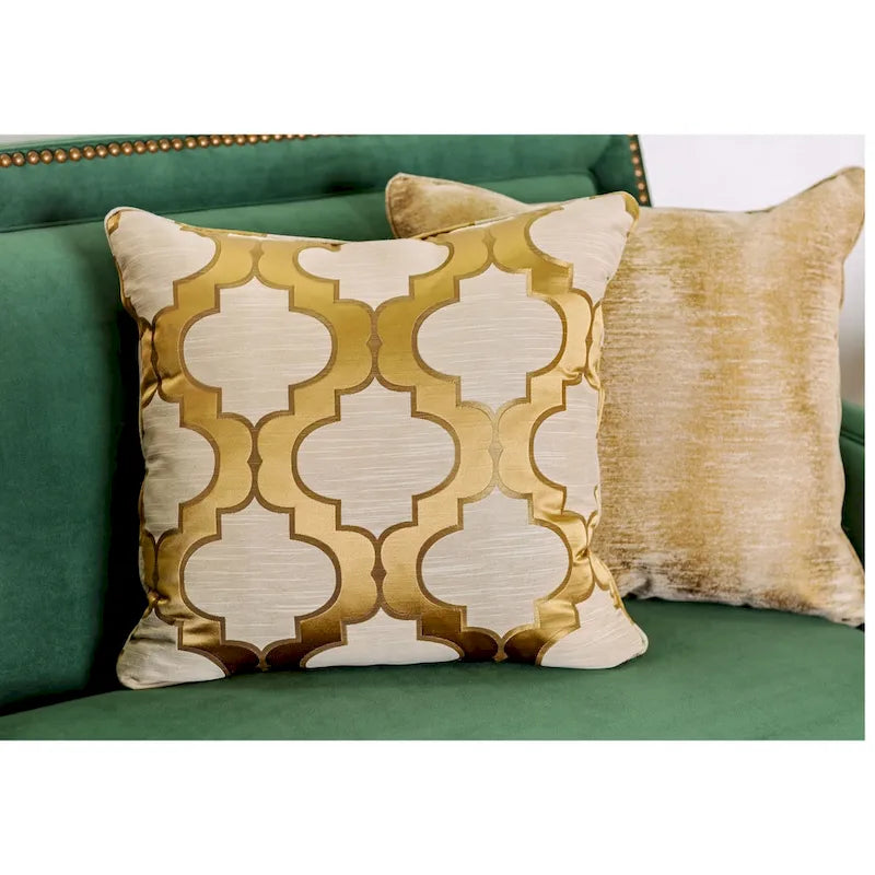 Divano imbottito in tessuto verde di transizione con borchie decorative