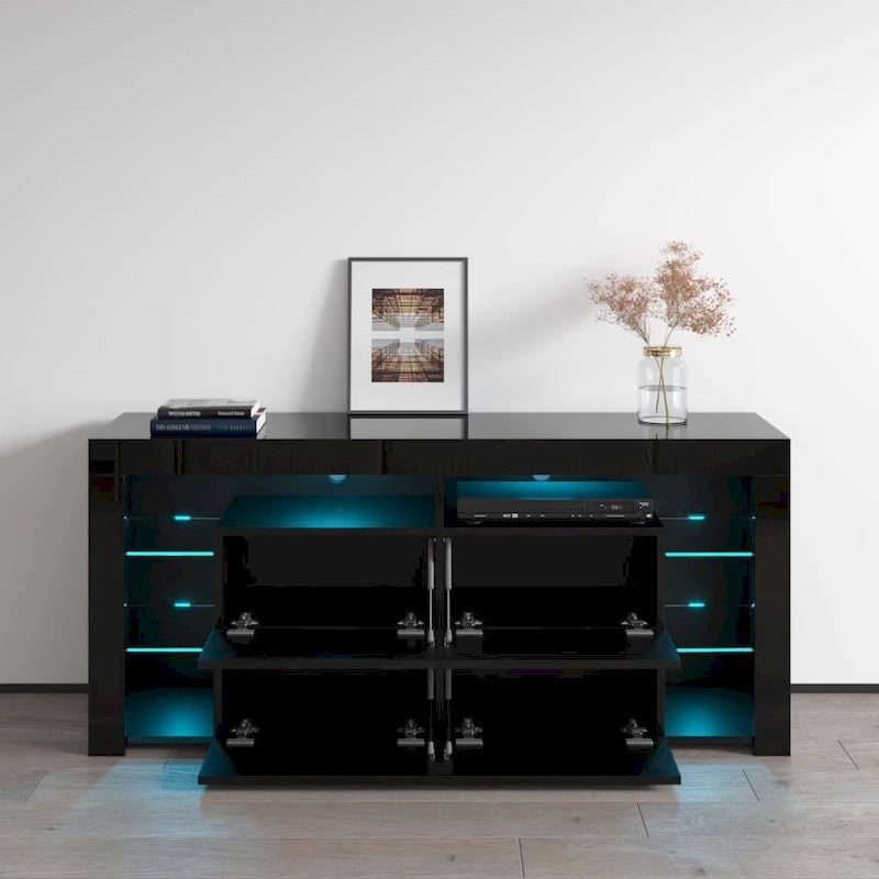 Mobile TV moderno lucido da 61 pollici con luci LED e spazio di archiviazione