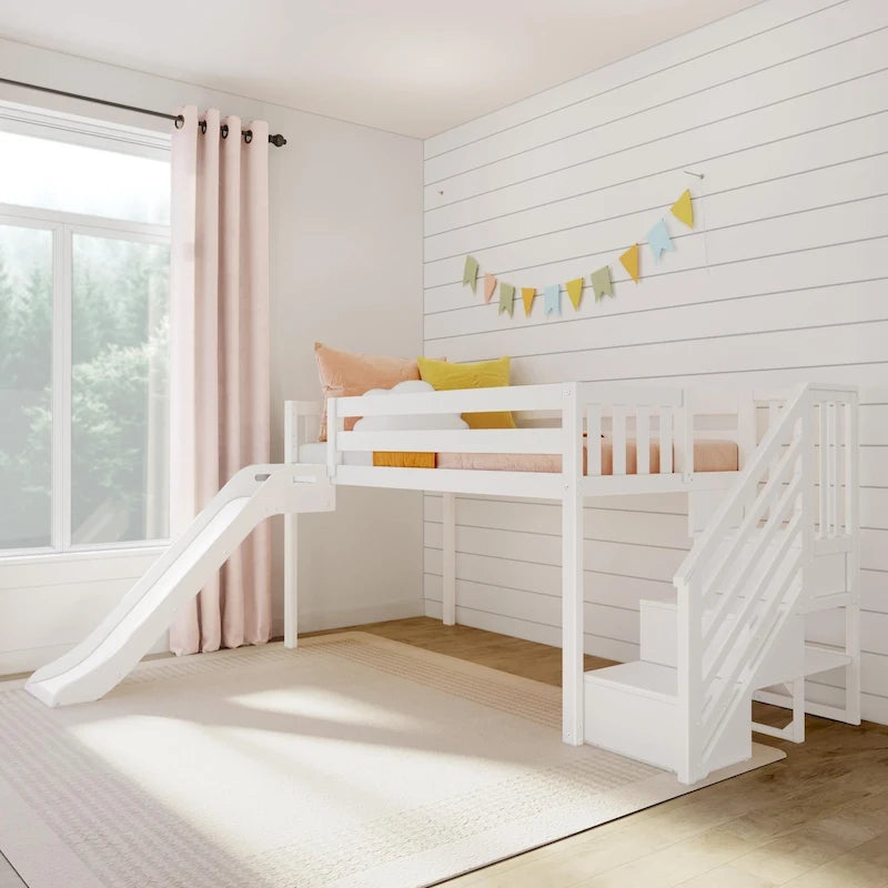 Letto a soppalco basso classico singolo con scale, scivolo facile e tenda