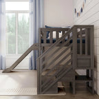 Letto a soppalco basso classico singolo con scale, scivolo facile e tenda