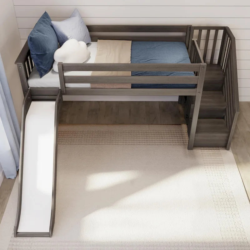 Letto a soppalco basso classico singolo con scale, scivolo facile e tenda