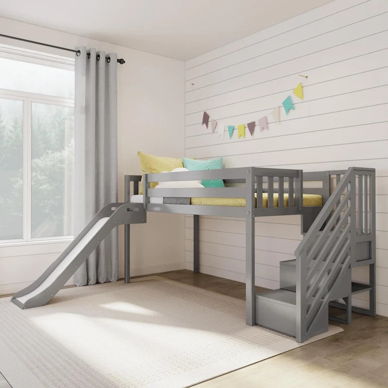 Letto a soppalco basso classico singolo con scale, scivolo facile e tenda