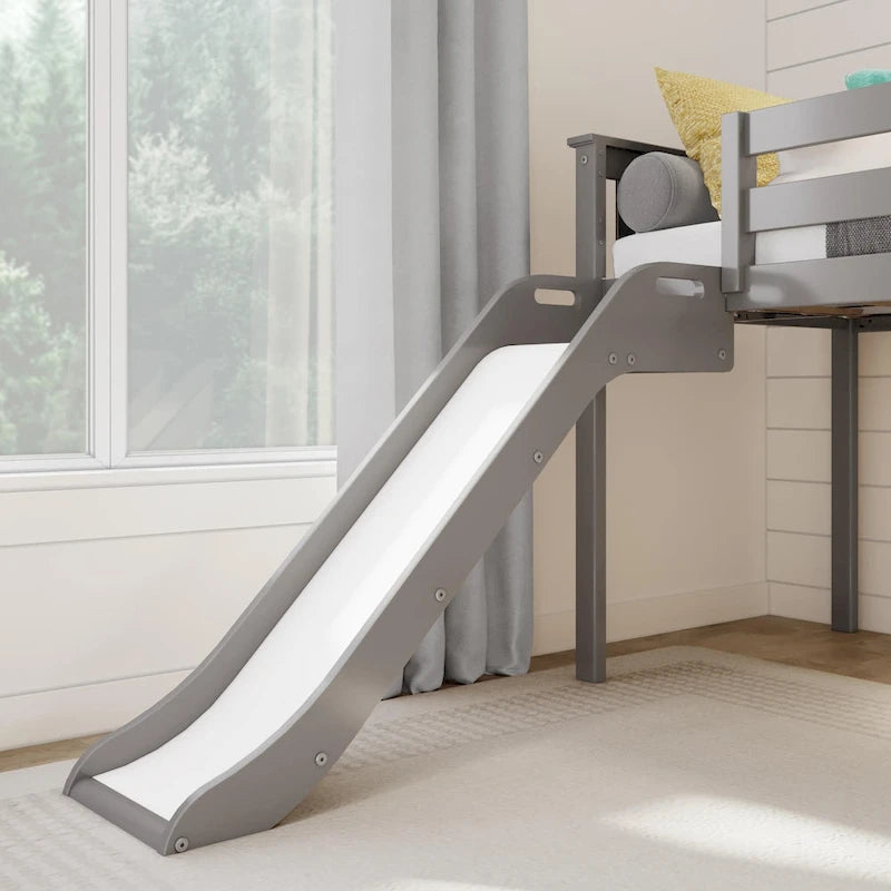 Letto a soppalco basso classico singolo con scale, scivolo facile e tenda