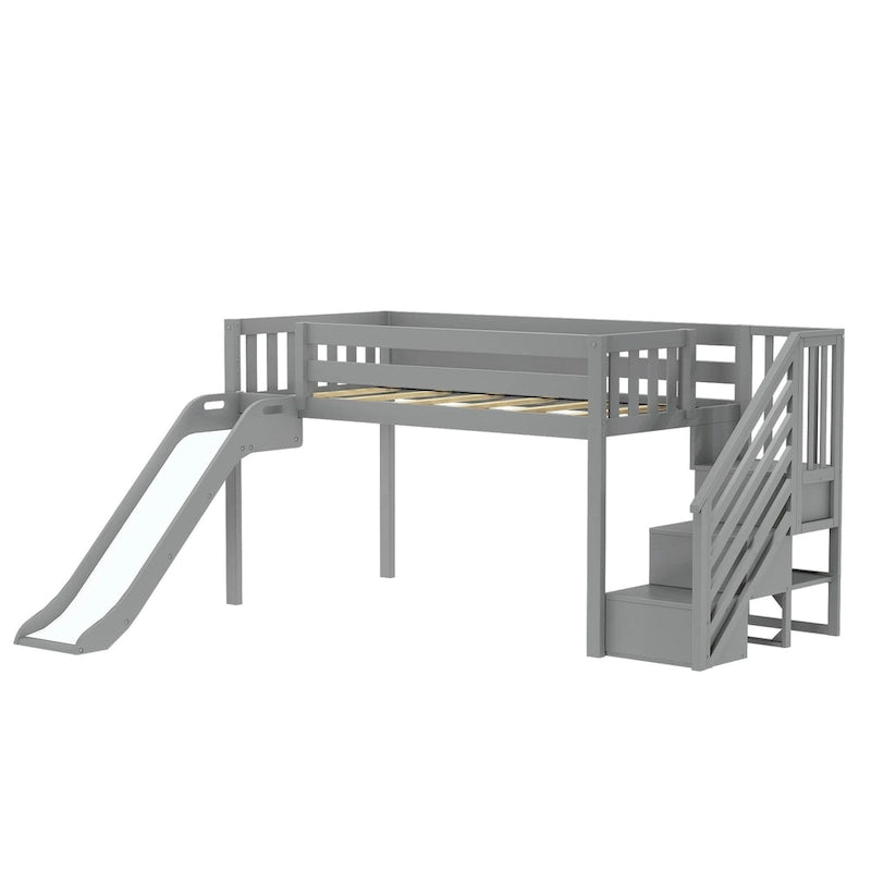 Letto a soppalco basso classico singolo con scale, scivolo facile e tenda