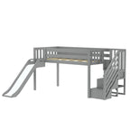 Letto a soppalco basso classico singolo con scale, scivolo facile e tenda