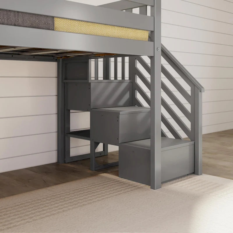 Letto a soppalco basso classico singolo con scale, scivolo facile e tenda