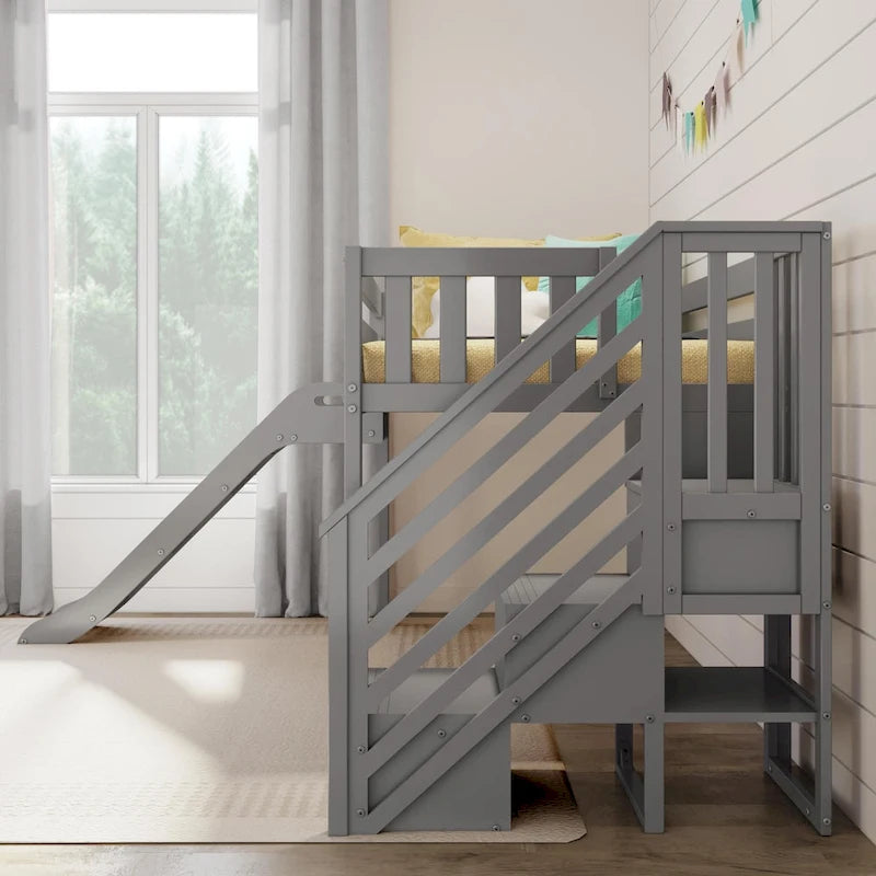 Letto a soppalco basso classico singolo con scale, scivolo facile e tenda