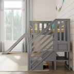 Letto a soppalco basso classico singolo con scale, scivolo facile e tenda
