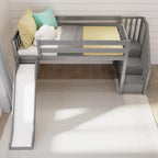 Letto a soppalco basso classico singolo con scale, scivolo facile e tenda