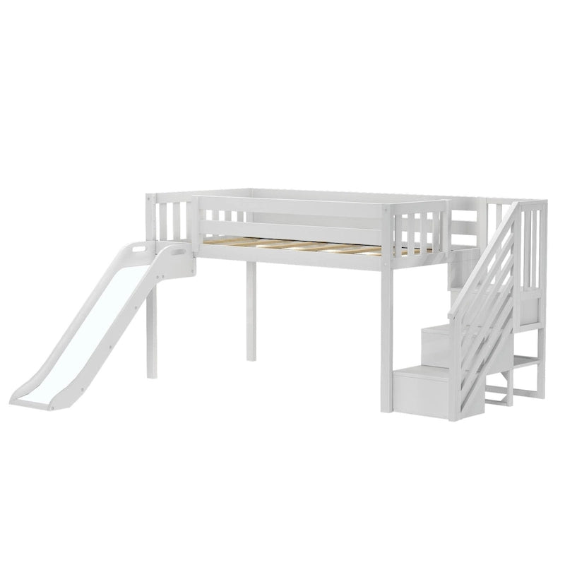Letto a soppalco basso classico singolo con scale, scivolo facile e tenda