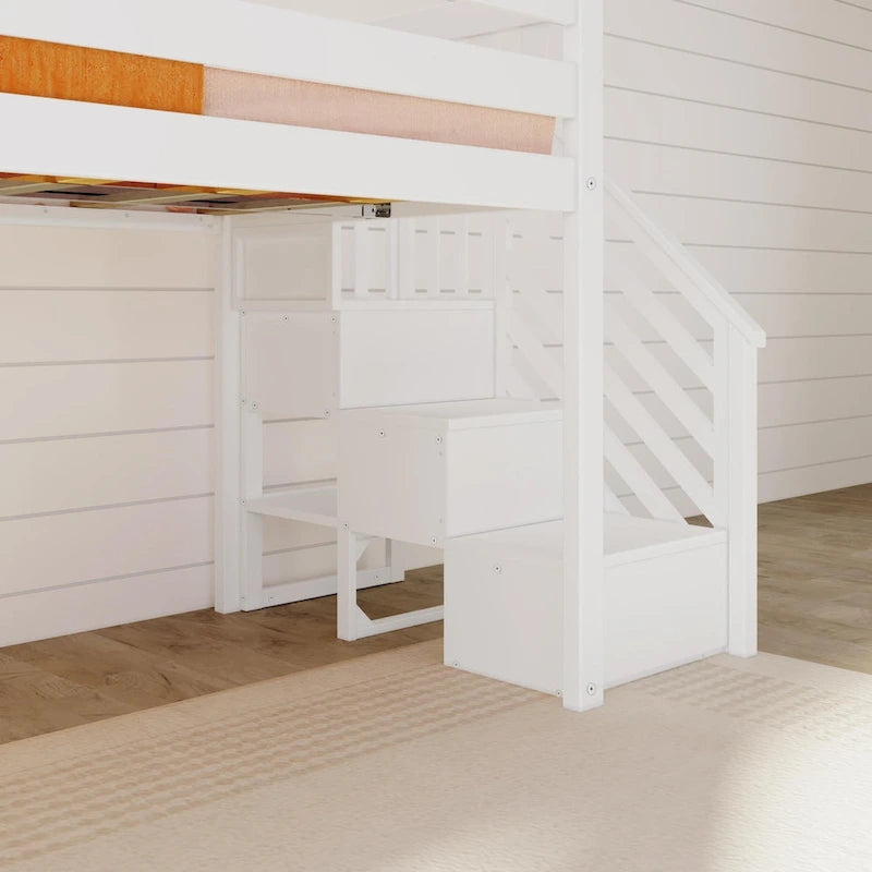 Letto a soppalco basso classico singolo con scale, scivolo facile e tenda