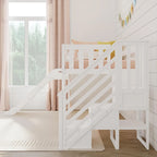 Letto a soppalco basso classico singolo con scale, scivolo facile e tenda