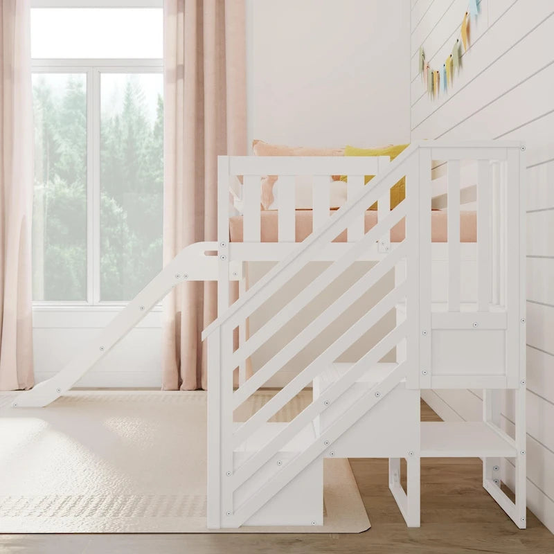 Letto a soppalco basso classico singolo con scale, scivolo facile e tenda
