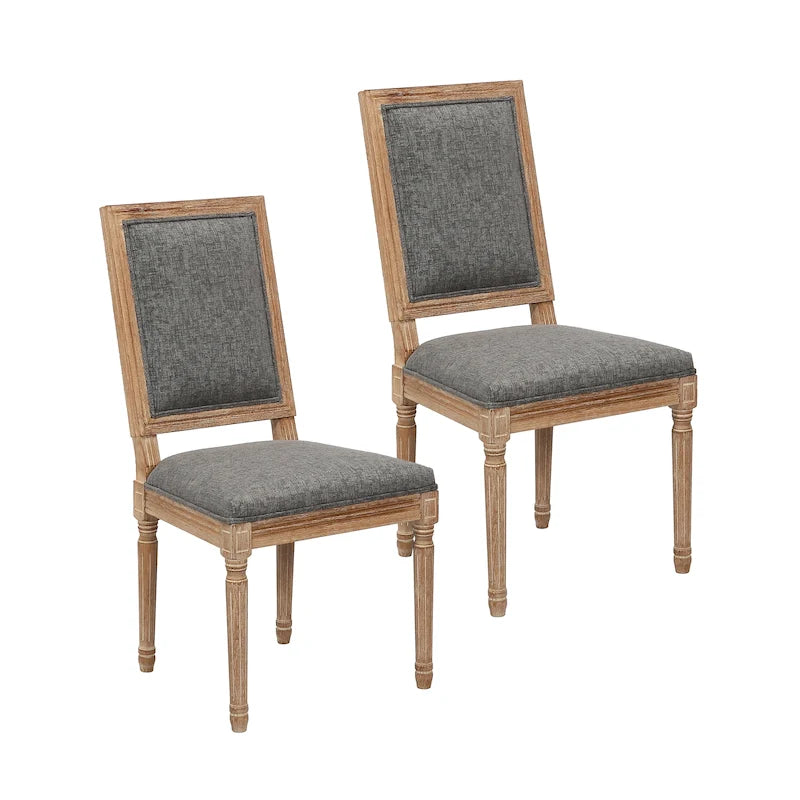 Set di 2 sedie da pranzo, schienale rettangolare, rivestimento in lino, struttura in legno di olmo