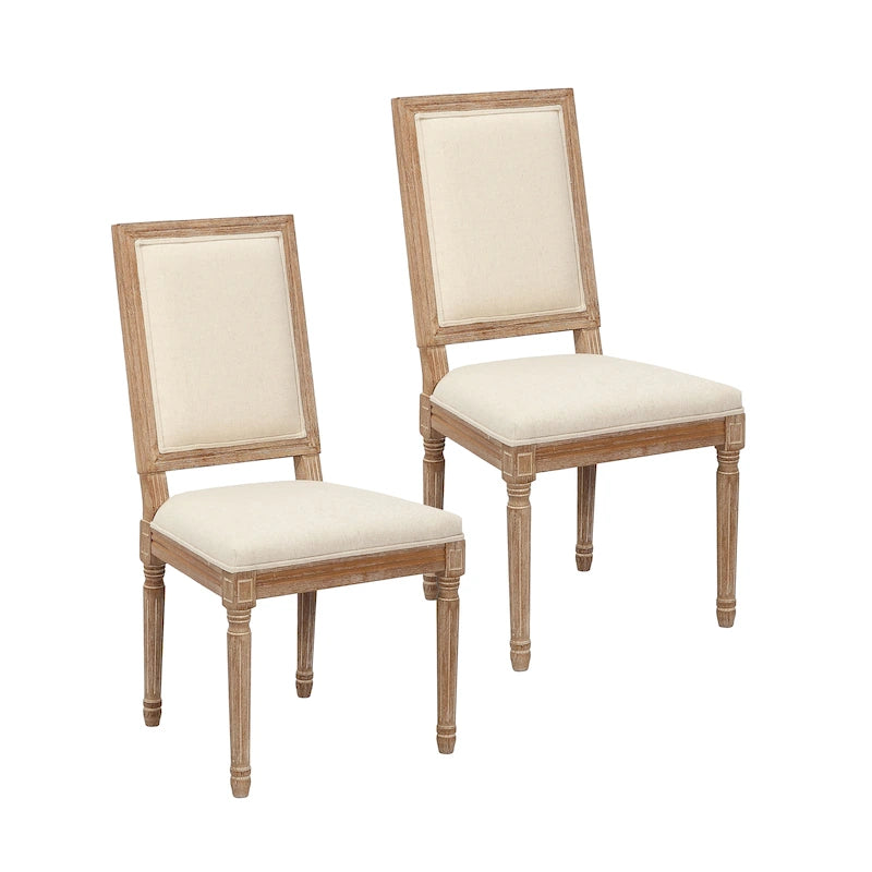 Set di 2 sedie da pranzo, schienale rettangolare, rivestimento in lino, struttura in legno di olmo