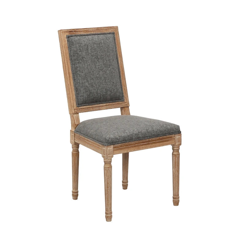 Set di 2 sedie da pranzo, schienale rettangolare, rivestimento in lino, struttura in legno di olmo